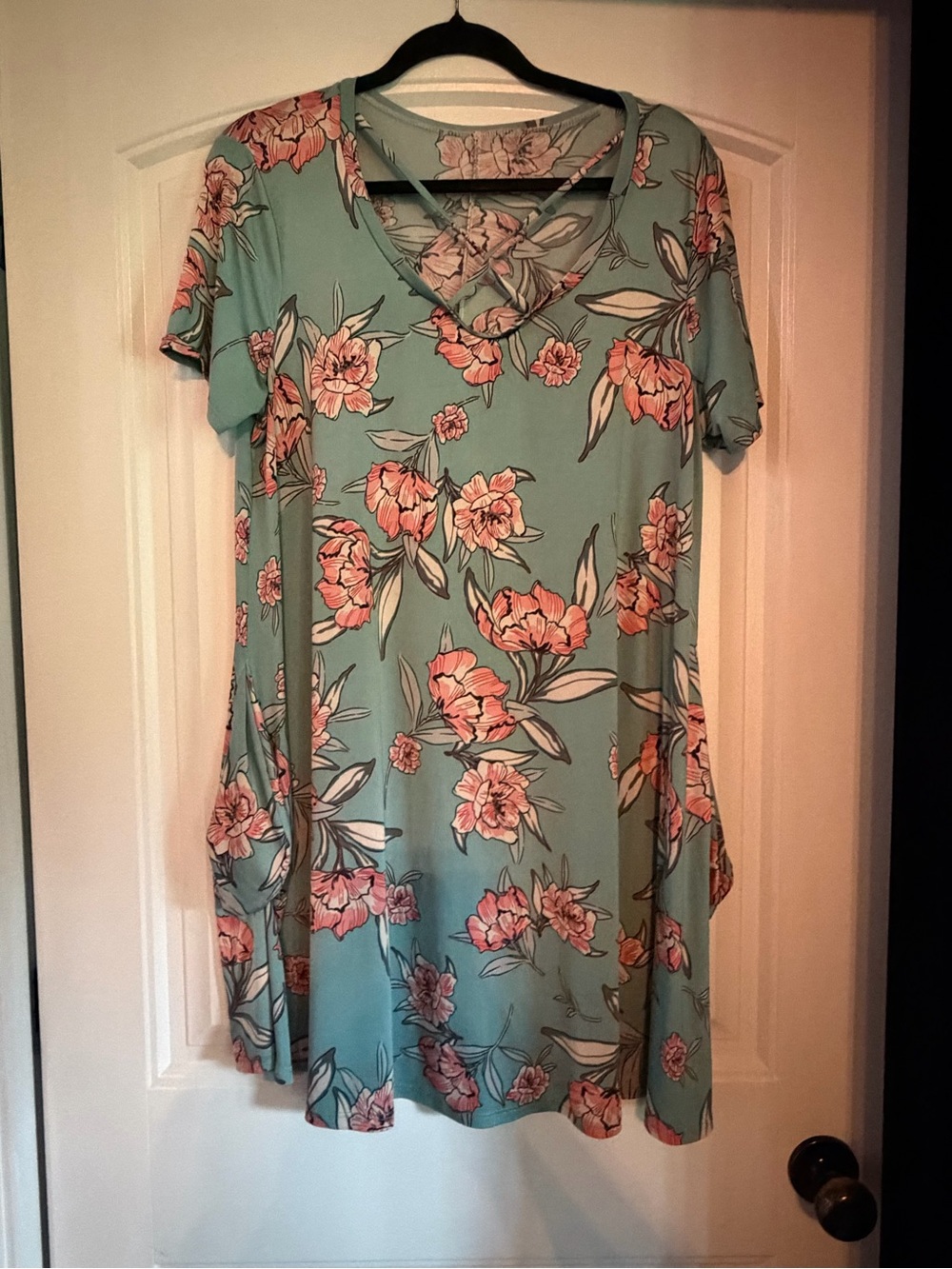 Floral Crisscross V-Neck Swing Dress - Mint with Pink Flowers